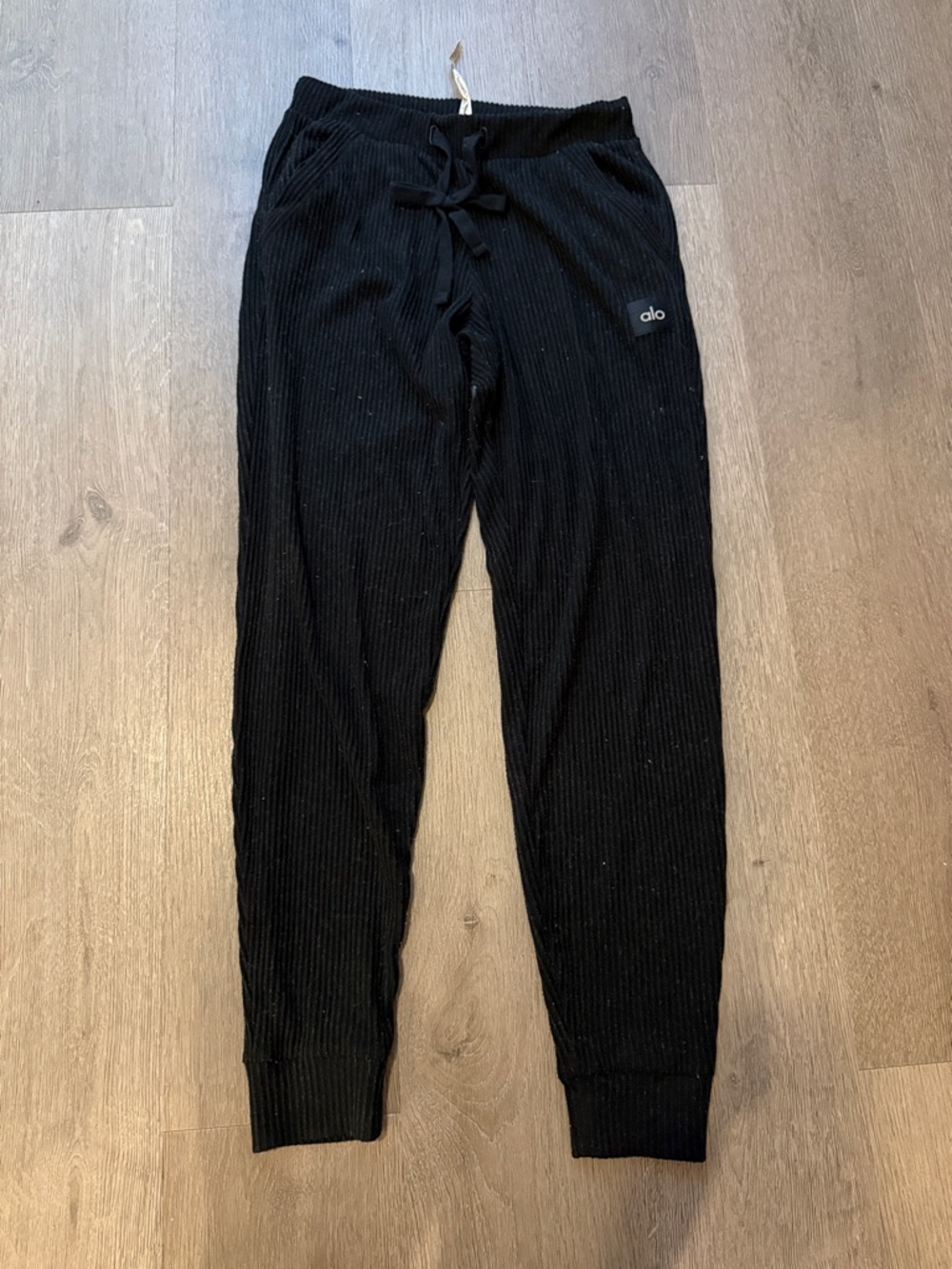 ALO Yoga Black Ribbed Lounge Joggers with Drawstring